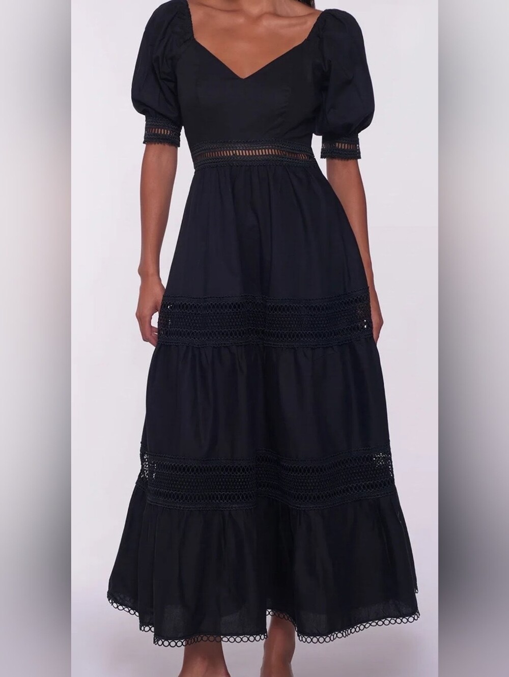 Anthropologie Peixoto Black Lace-Trim Tiered Puff Sleeve Dress